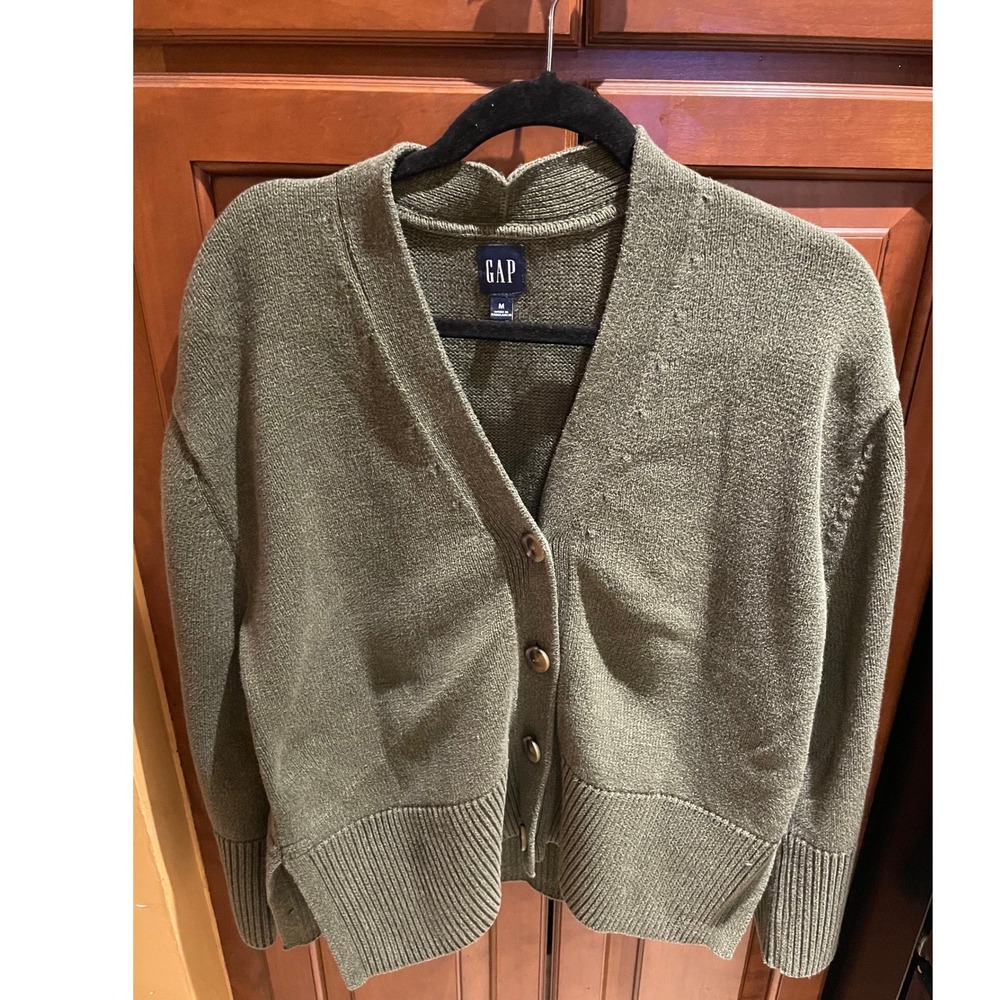 GAP Womens Olive Green V-Neck Button Front Cardigan Sweater 100% Cotton Size M
